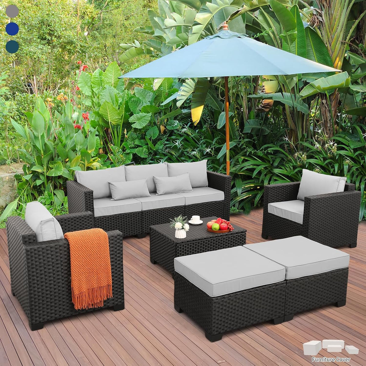 Black wicker 6-piece outdoor sectional set with light grey cushions on a deck