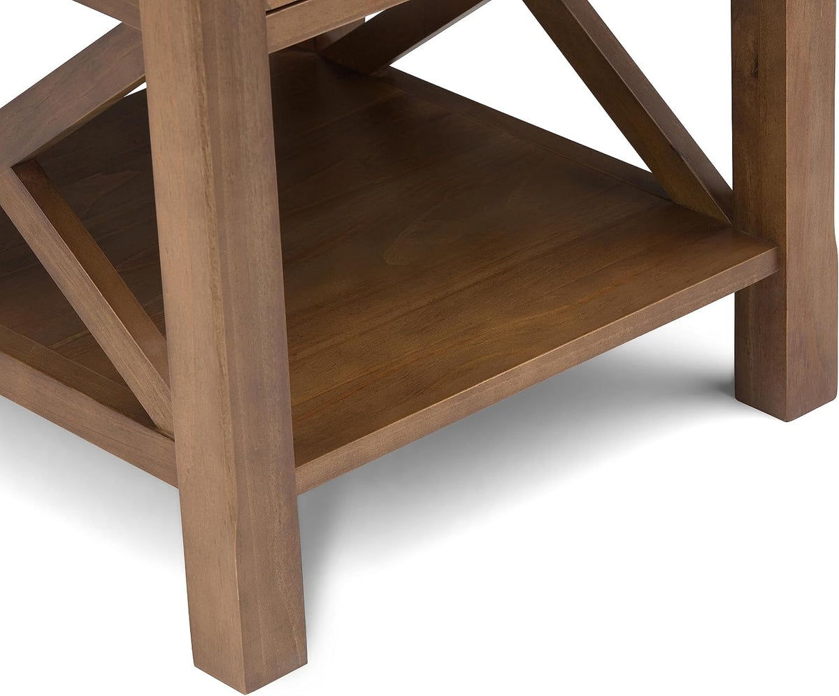 X-design solid wood end table showing open bottom shelf