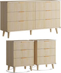 Fluted natural oak 3-piece bedroom set with 6-drawer dresser and two matching 3-drawer nightstands