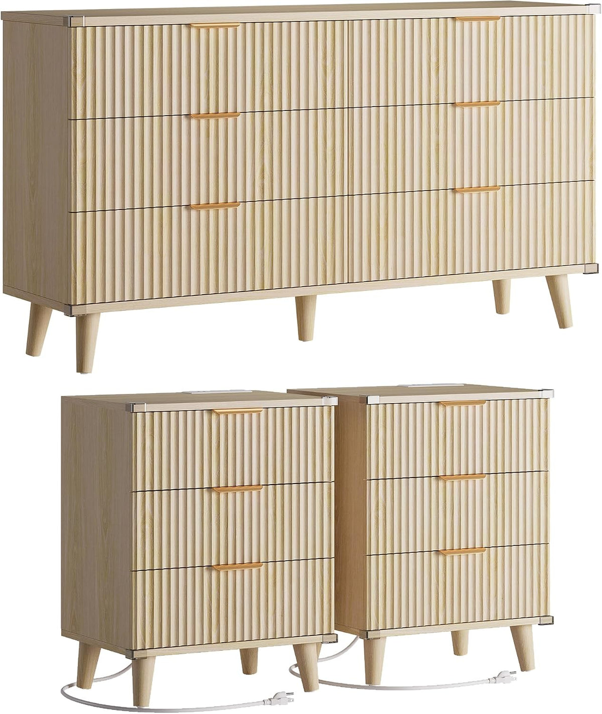 Fluted natural oak 3-piece bedroom set with 6-drawer dresser and two matching 3-drawer nightstands