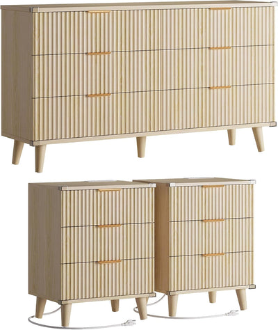 Fluted natural oak 3-piece bedroom set with 6-drawer dresser and two matching 3-drawer nightstands