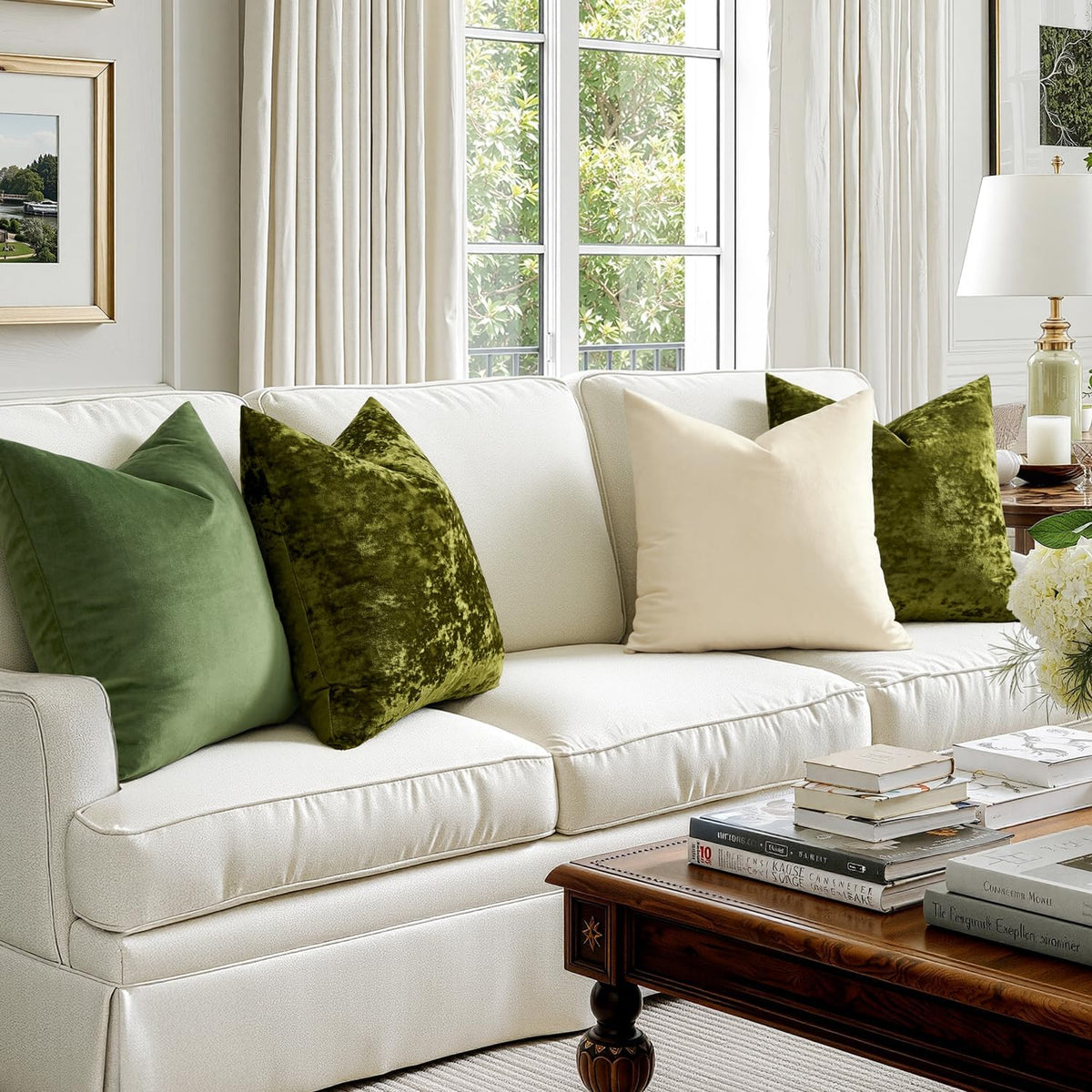MIULEE olive green velvet pillow covers on a bed with neutral bedding