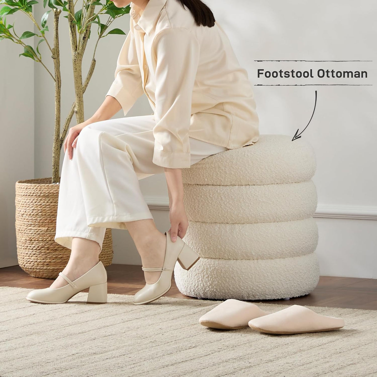White boucle-texture storage ottoman dimensions diagram