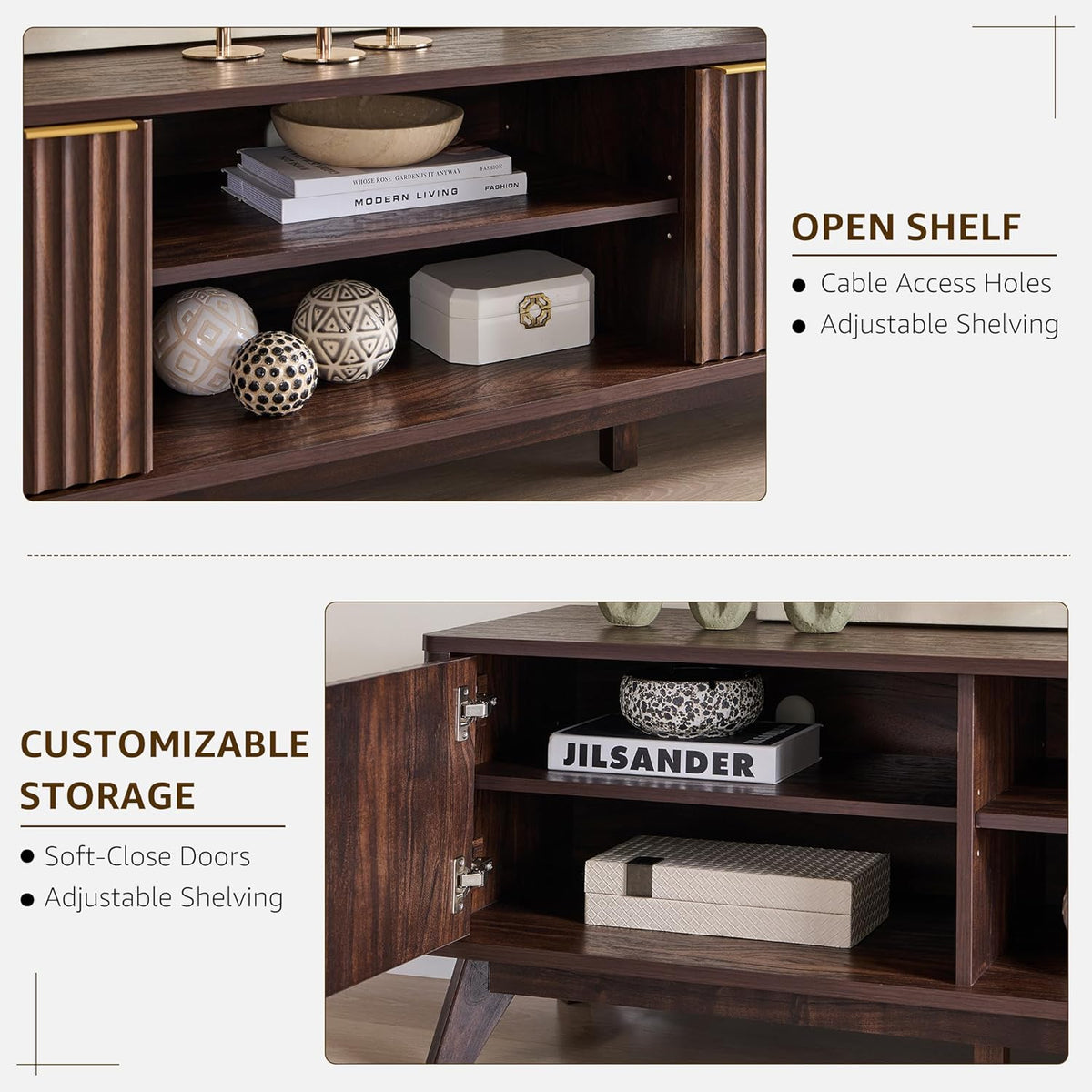 Close-up of fluted texture and soft-close door hardware on dark walnut TV stand