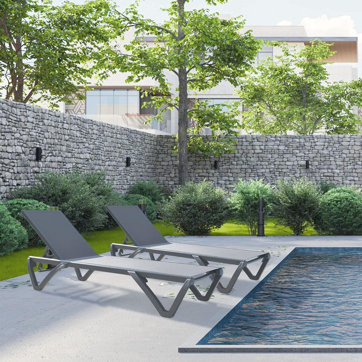 Grey aluminum sling chaise lounge wheels and feet detail
