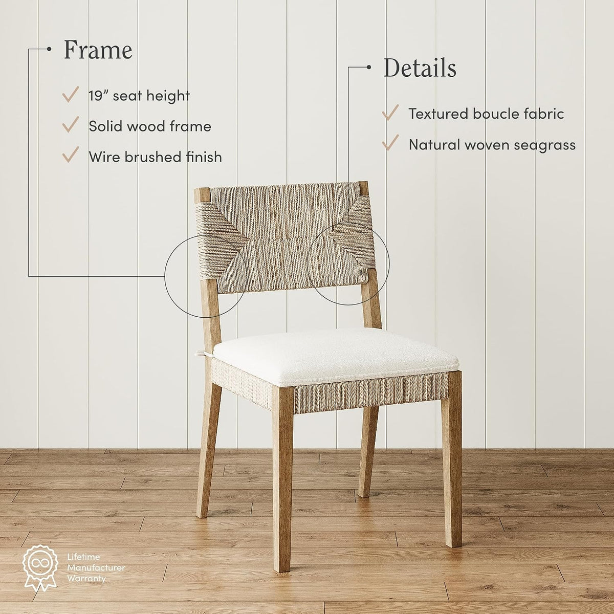 Close-up of cream boucle seat cushion texture on Beacon dining chair