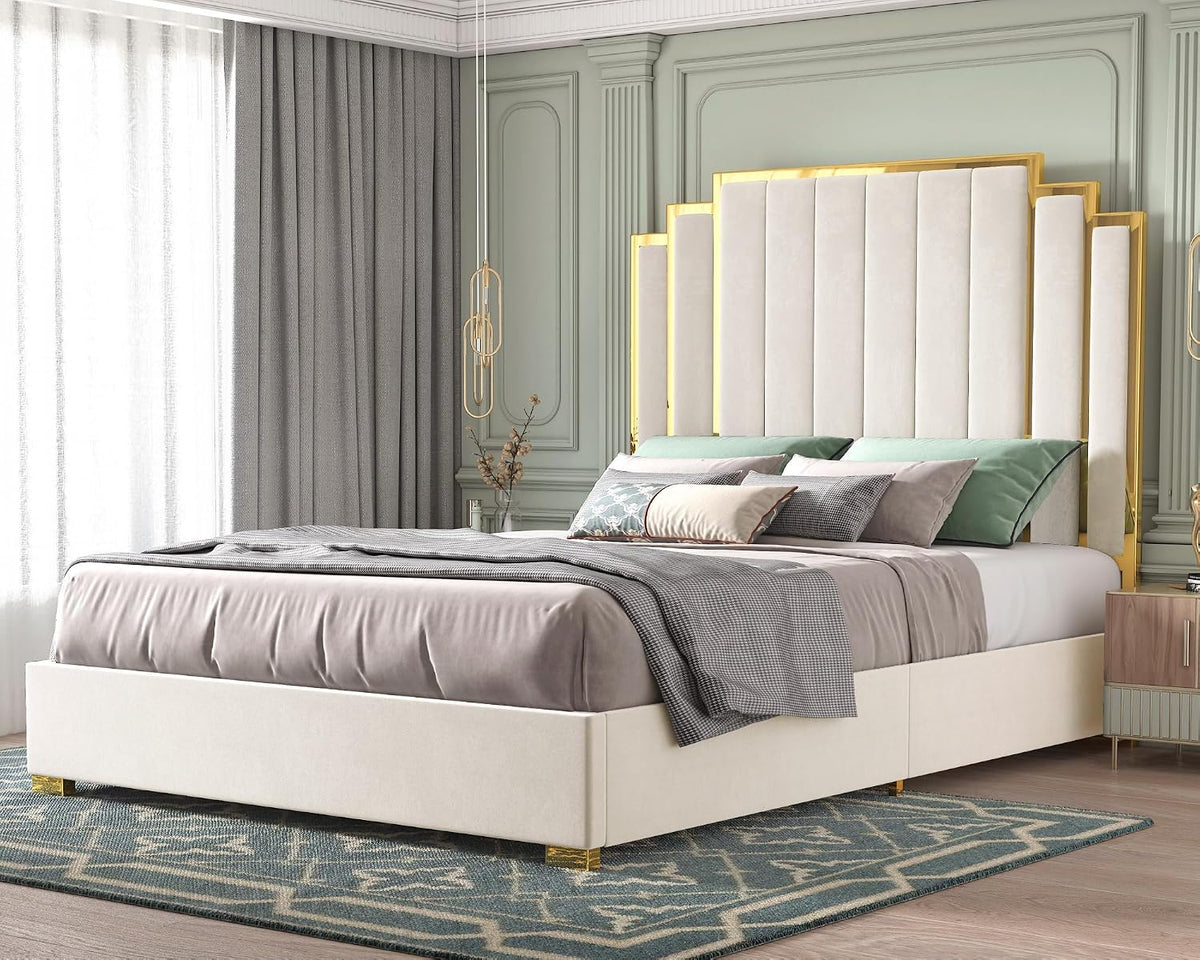 Channel-tufted king platform bed showing wood slat support