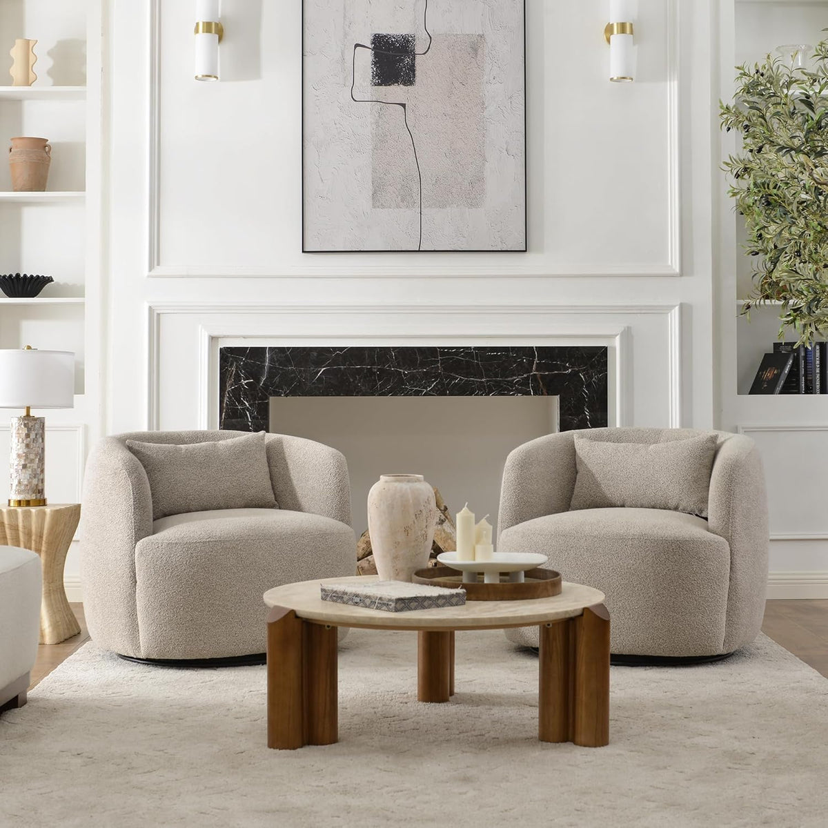 Boucle swivel barrel chairs, set of 2, in taupe, front view