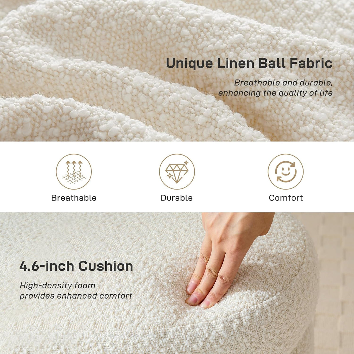White boucle-texture storage ottoman styled in a bedroom