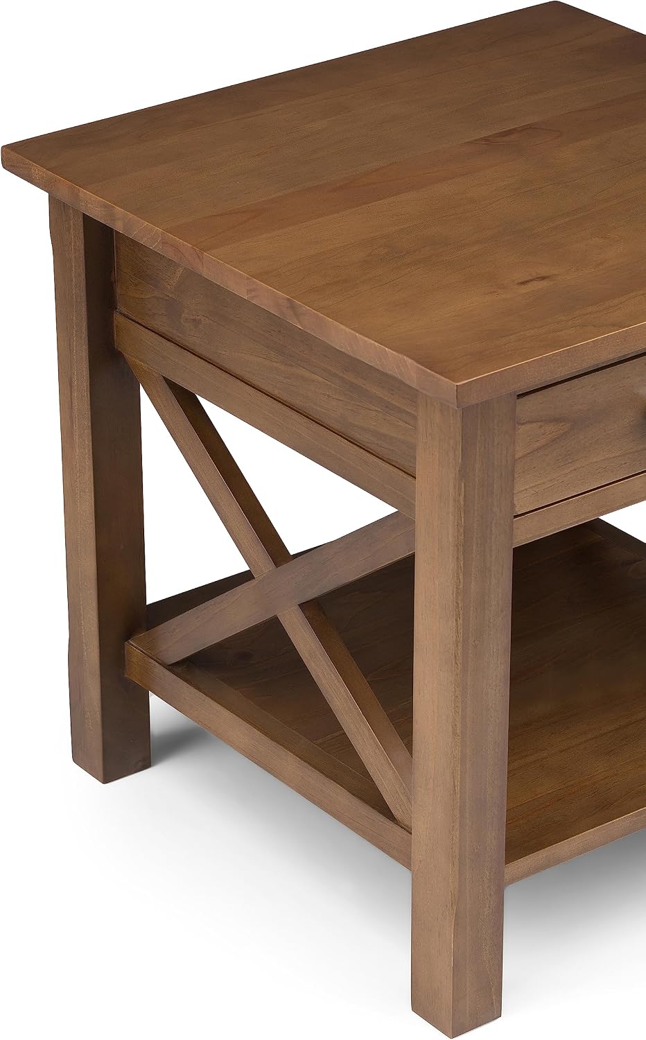 X-design solid wood end table close-up of brushed nickel drawer hardware