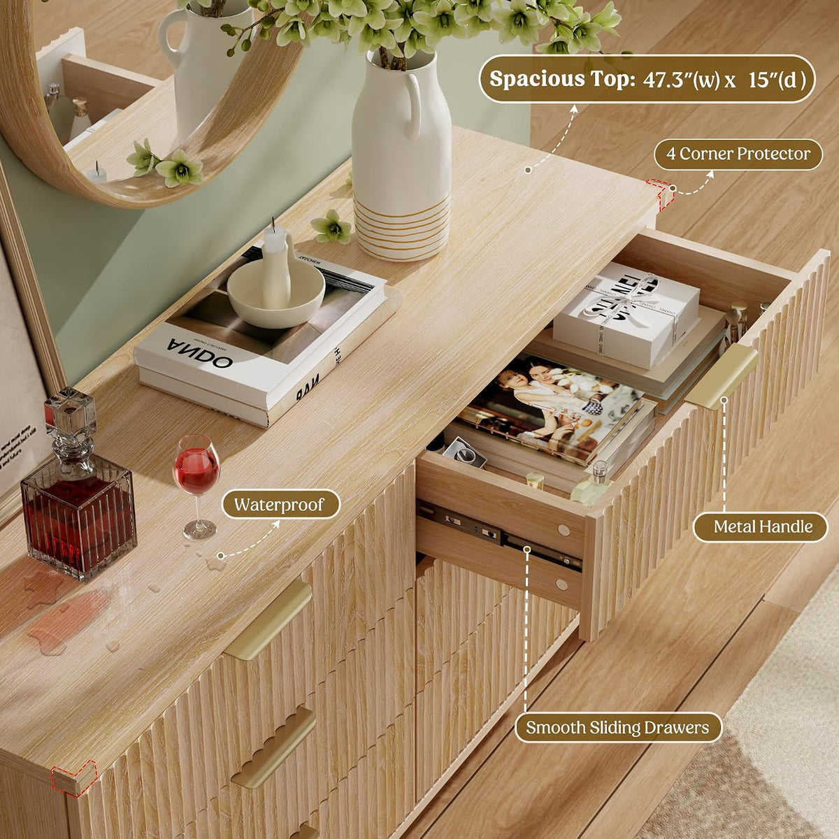 Fluted natural oak nightstand with built-in outlet, single piece view