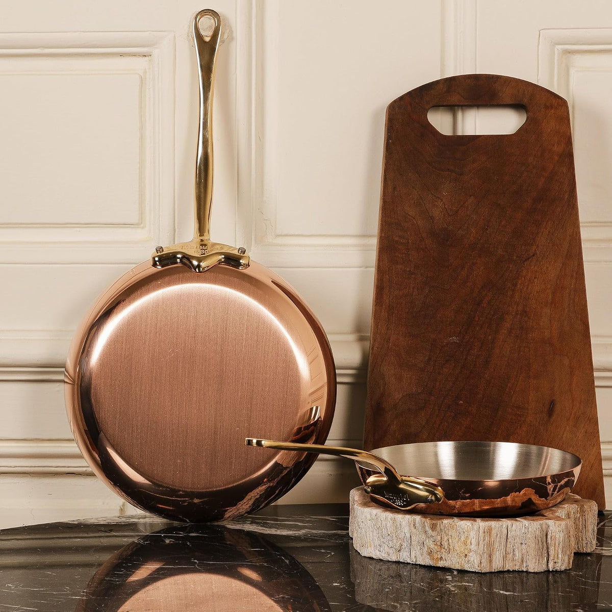 Mauviel copper saucepan with lid on, full product view