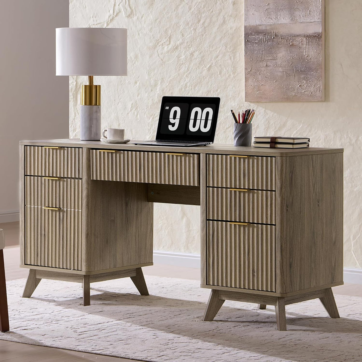 Fluted executive desk, natural oak, close-up of curved profile and metal handle