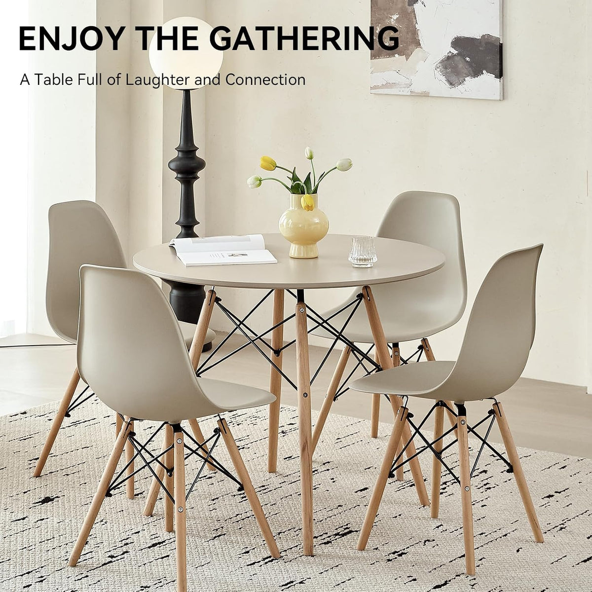 Scandinavian round dining set dimension diagram showing table and chair measurements