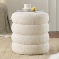 White boucle-texture storage ottoman, front view