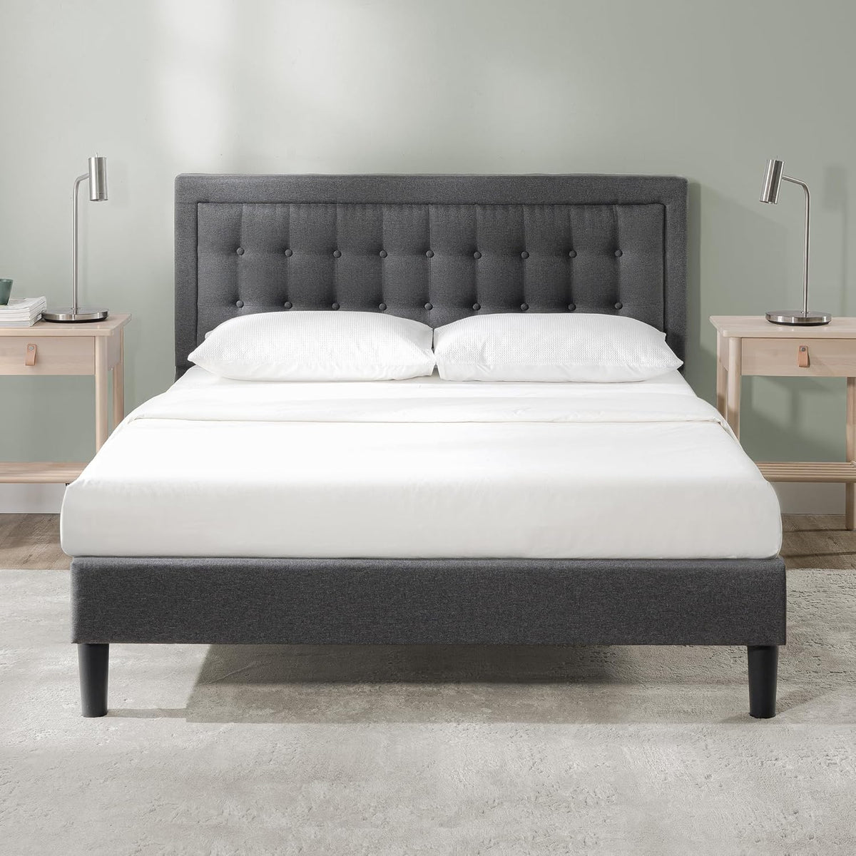 Upholstered platform bed frame in dark grey, queen size, front view