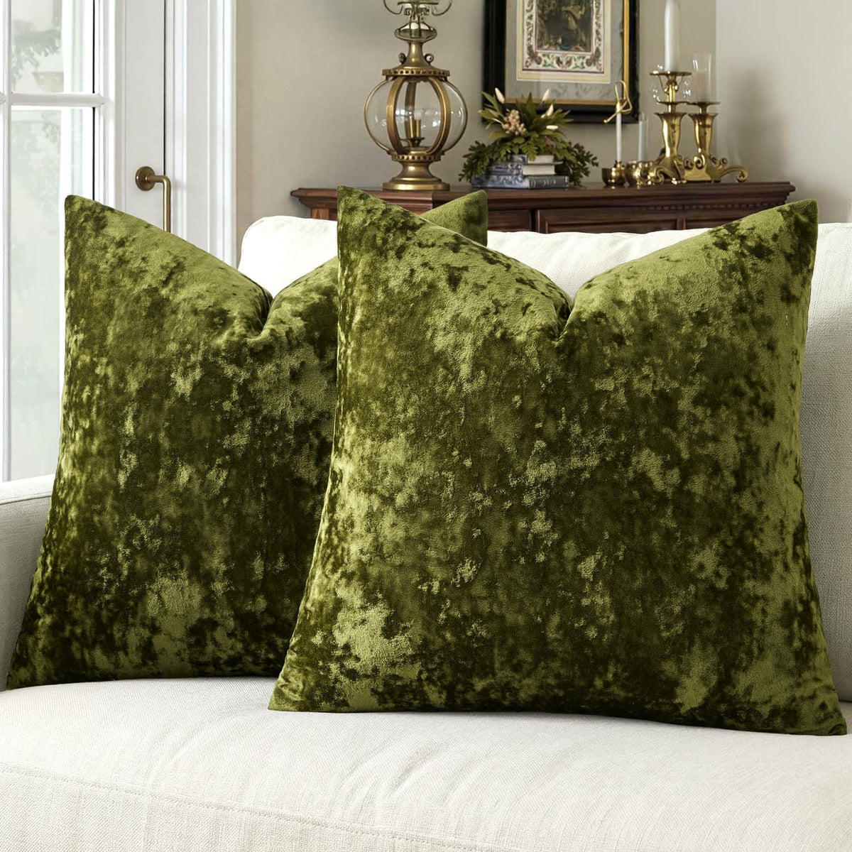 MIULEE olive green crushed velvet throw pillow covers, set of two, 20x20 inch