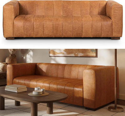 Cognac tan leather sofa with channel-tufted back, front view