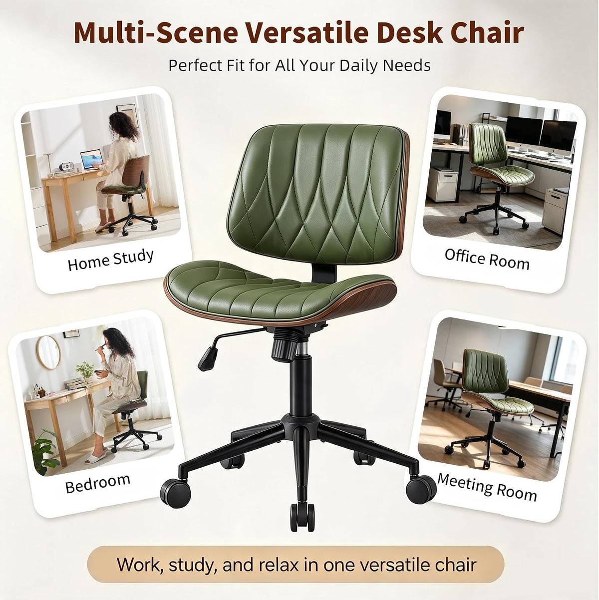 Sage green armless desk chair, close-up of black metal swivel base and rolling casters