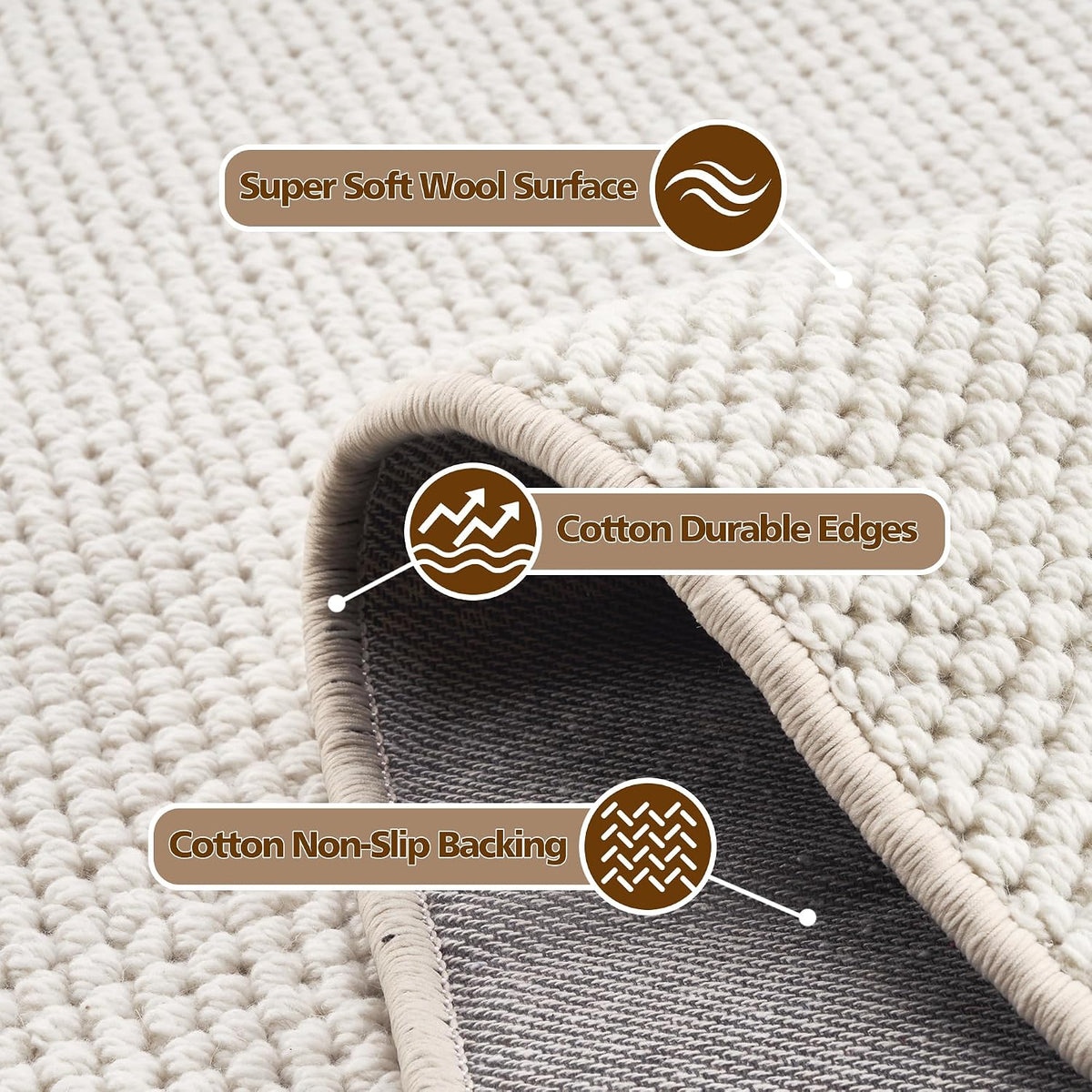 Merino wool area rug, beige cream, close-up of tufted texture