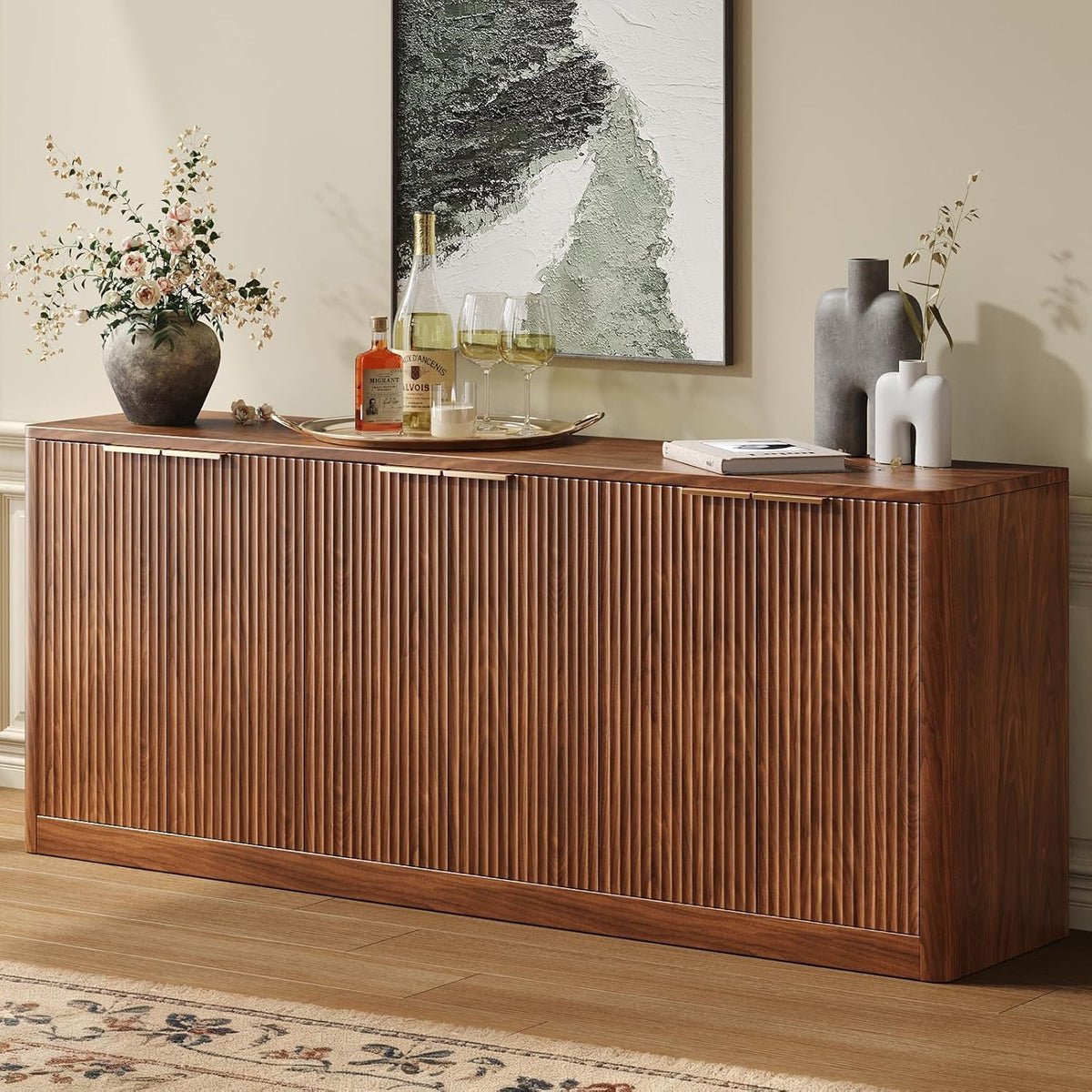 67-inch fluted walnut buffet cabinet, mid-century modern sideboard, front view