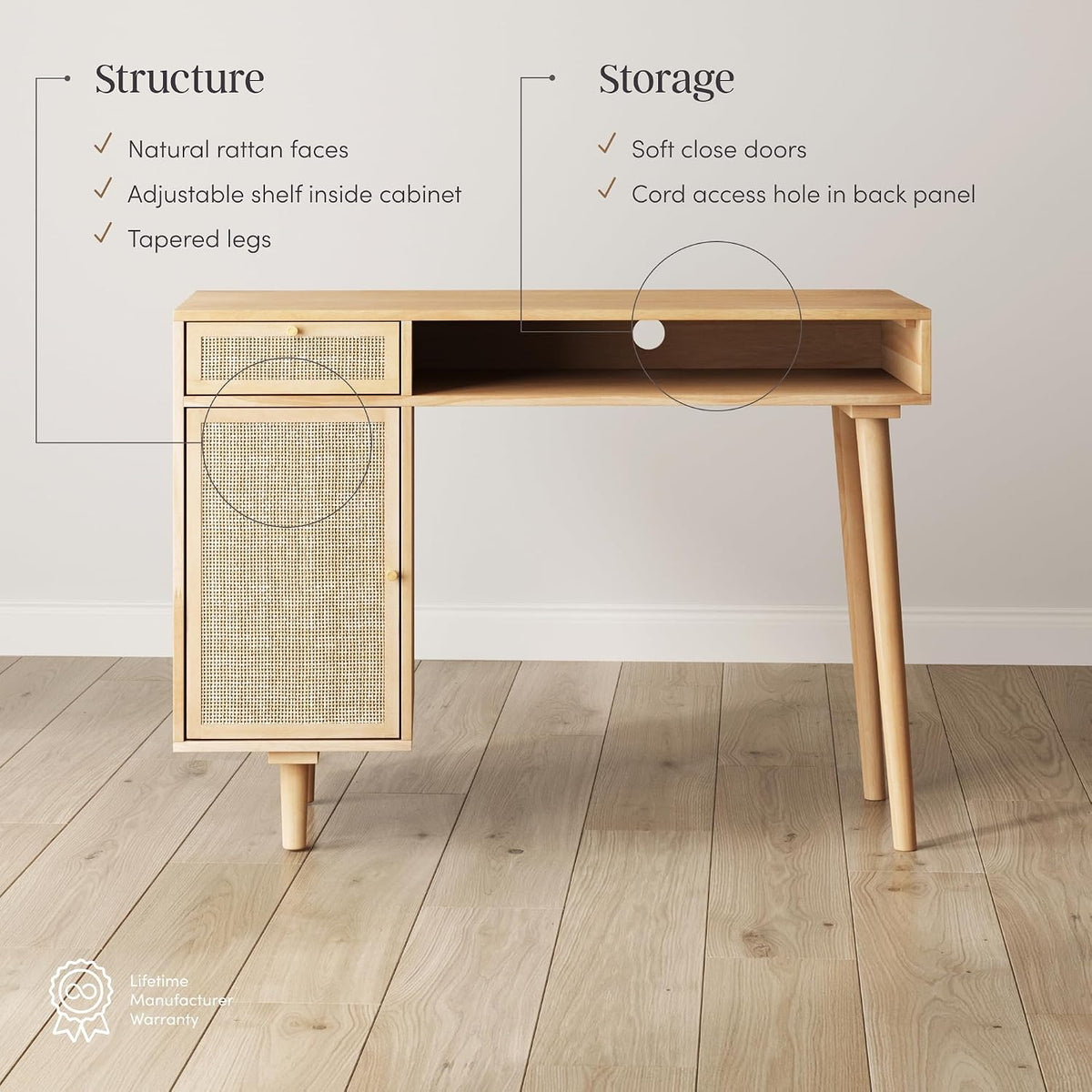 Rattan desk styled in a home office setting