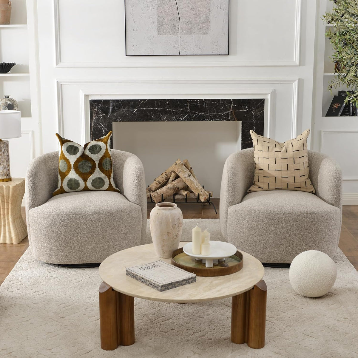 Boucle swivel barrel chair with detachable lumbar pillow