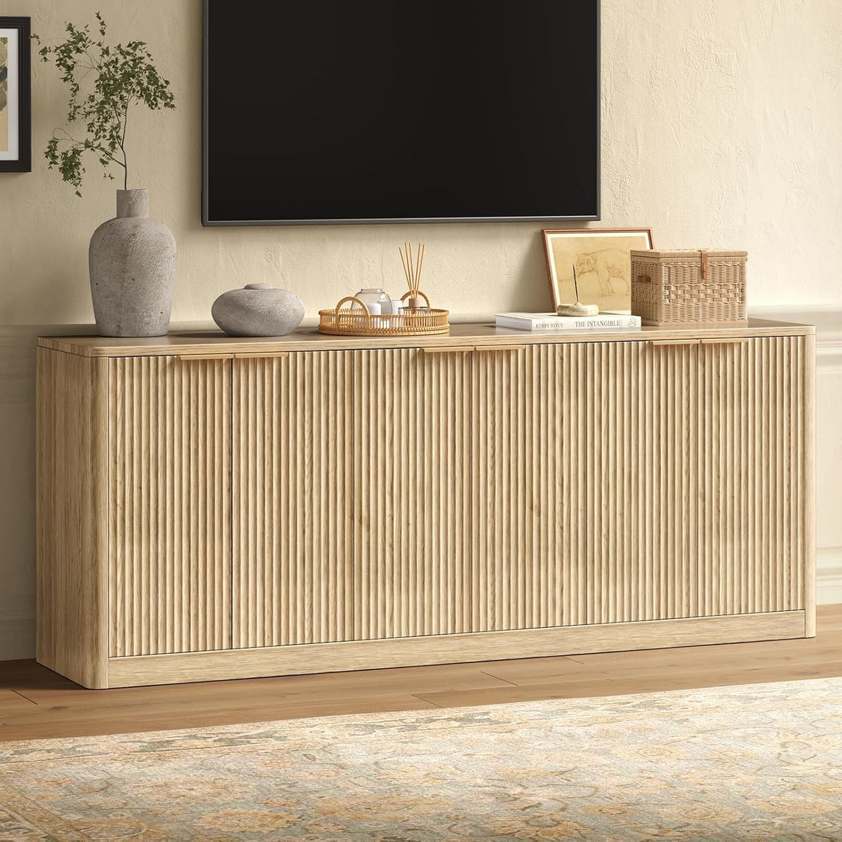 67-inch fluted oak TV stand, mid-century modern media console, front view