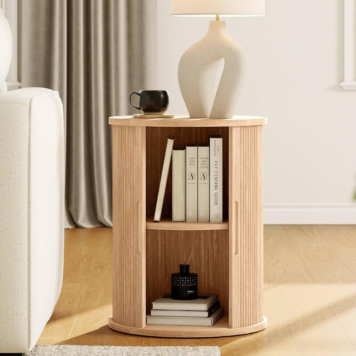 Fluted round oak end table, angled view showing curved tambour door