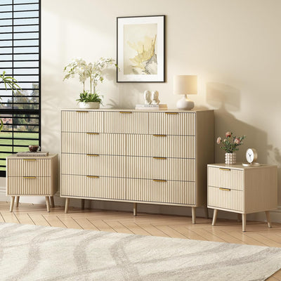 CARPETNAL fluted 3-piece bedroom set in beige with gold hardware, dresser and nightstands, front view