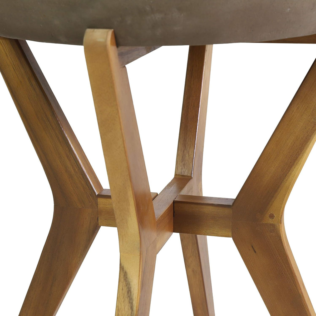 Concrete and acacia wood outdoor side table styled on a patio next to a lounge chair