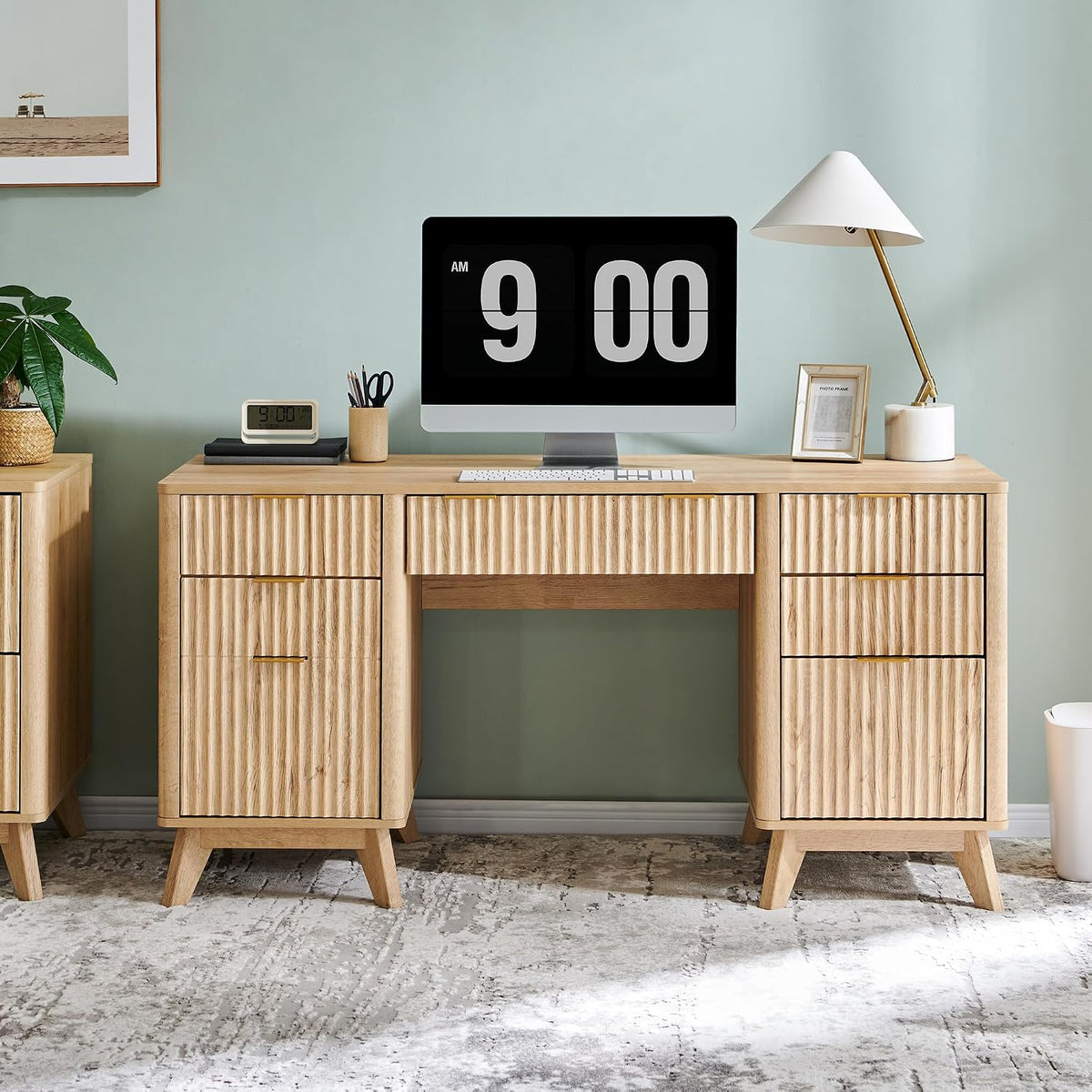 Fluted executive desk, natural oak, file drawer open showing letter-size storage