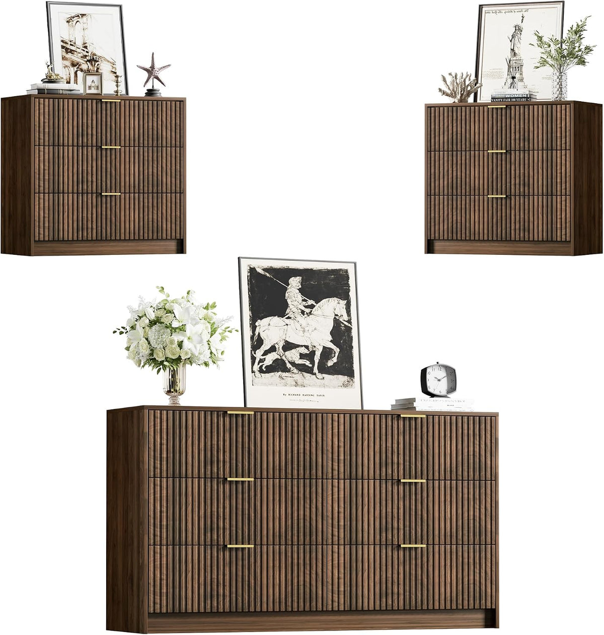 Furniway fluted 3-piece bedroom set in walnut with gold handles, dresser and nightstands, front view