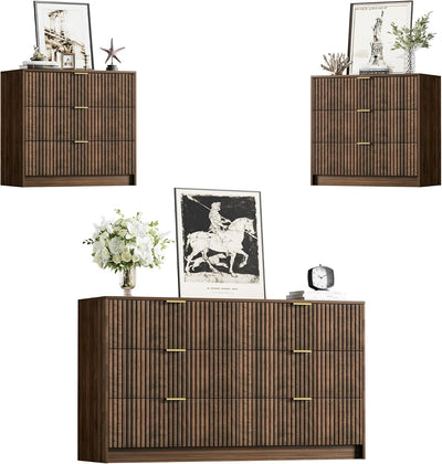 Furniway fluted 3-piece bedroom set in walnut with gold handles, dresser and nightstands, front view