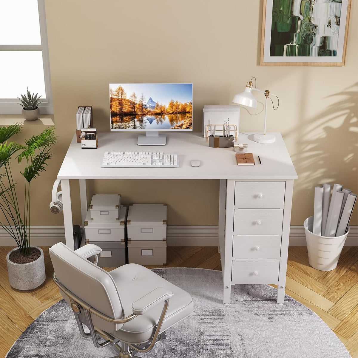 Warm white kids study desk, angled view showing fabric drawers