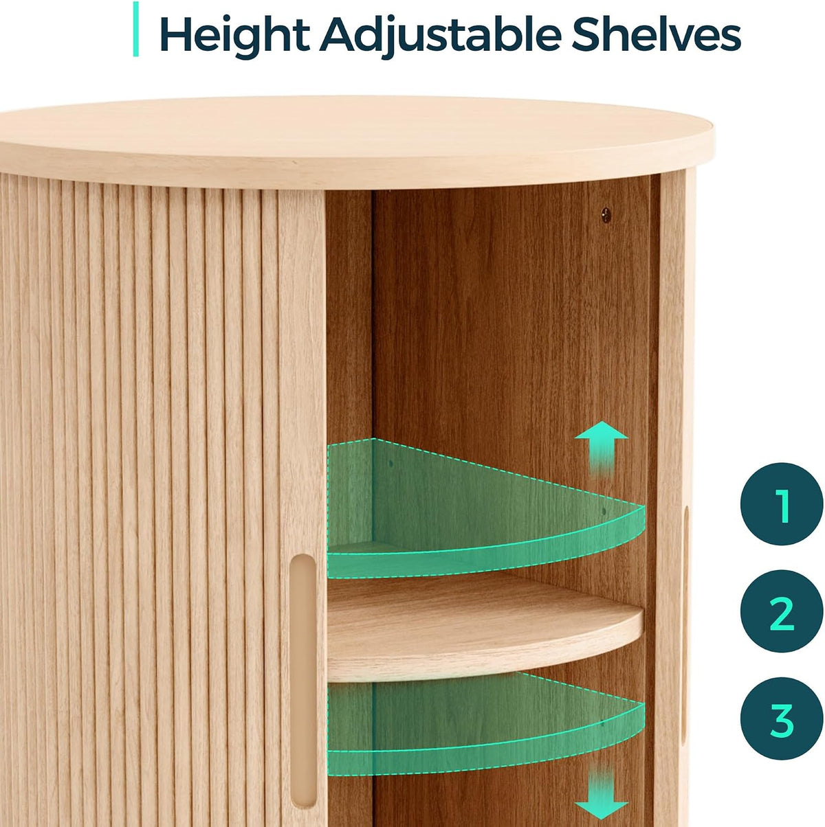 Fluted round oak end table used as a bedside table in a bedroom