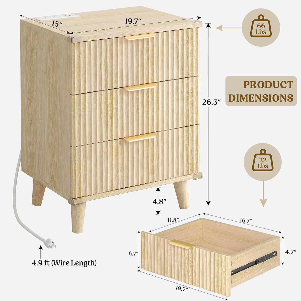Fluted natural oak nightstand and dresser, drawer open showing interior and slide rail