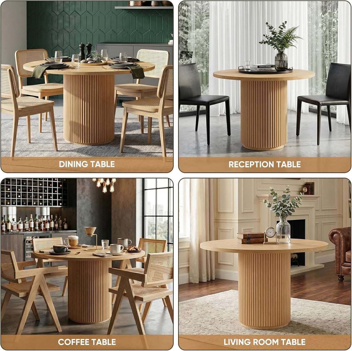 Round dining table with fluted pedestal styled in a dining room setting