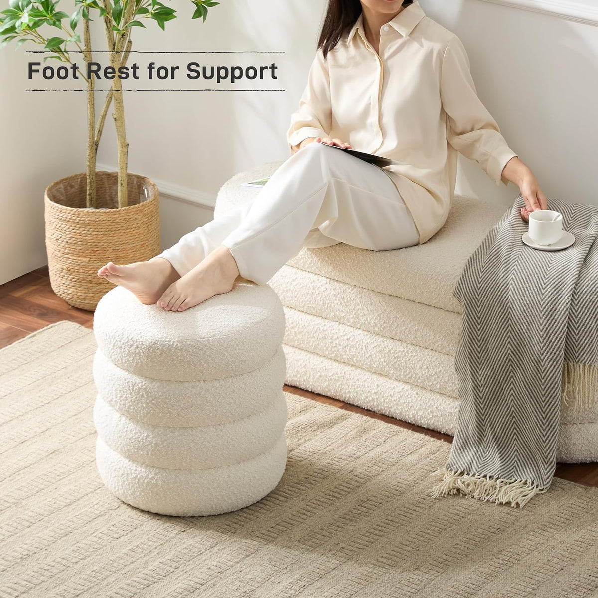 White boucle-texture storage ottoman close-up of fabric texture