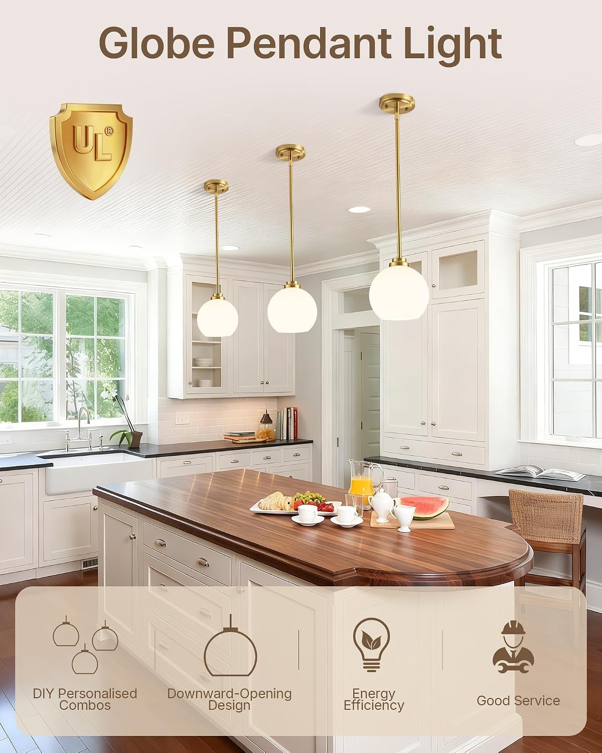 Majade pendant light hanging over a kitchen island