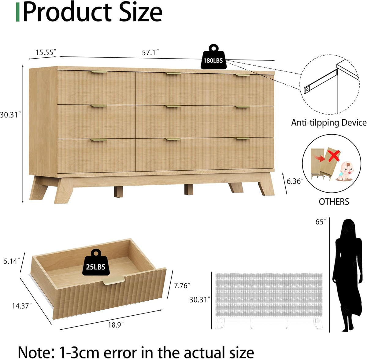 Fluted natural oak 9-drawer dresser, front view showing wave-textured drawer fronts and metal pulls