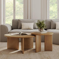 Round wood nesting coffee table set, nested together, front view