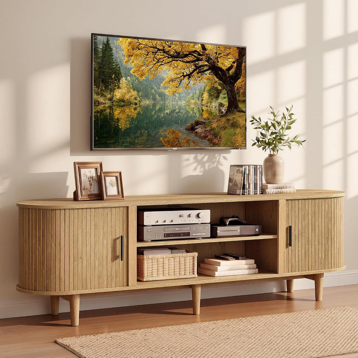VASAGLE mid century TV stand, sand brown, angled view