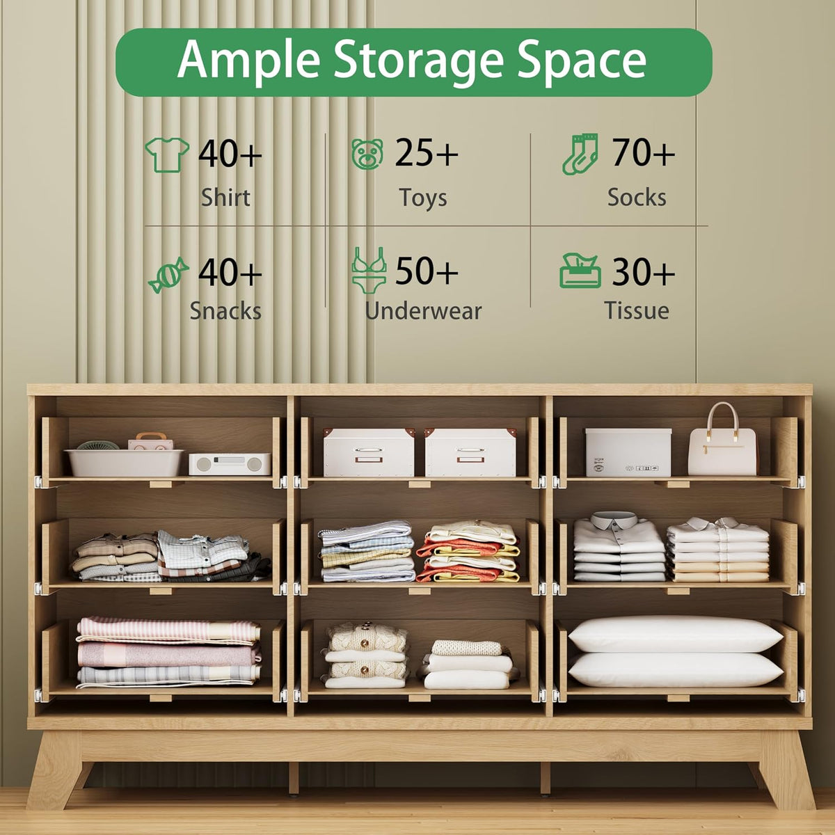 Fluted natural oak 9-drawer dresser, angled view showing splayed wood legs and tabletop