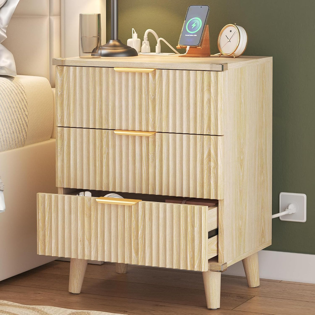 Fluted natural oak bedroom set dimension diagram showing width, depth, and height for each piece
