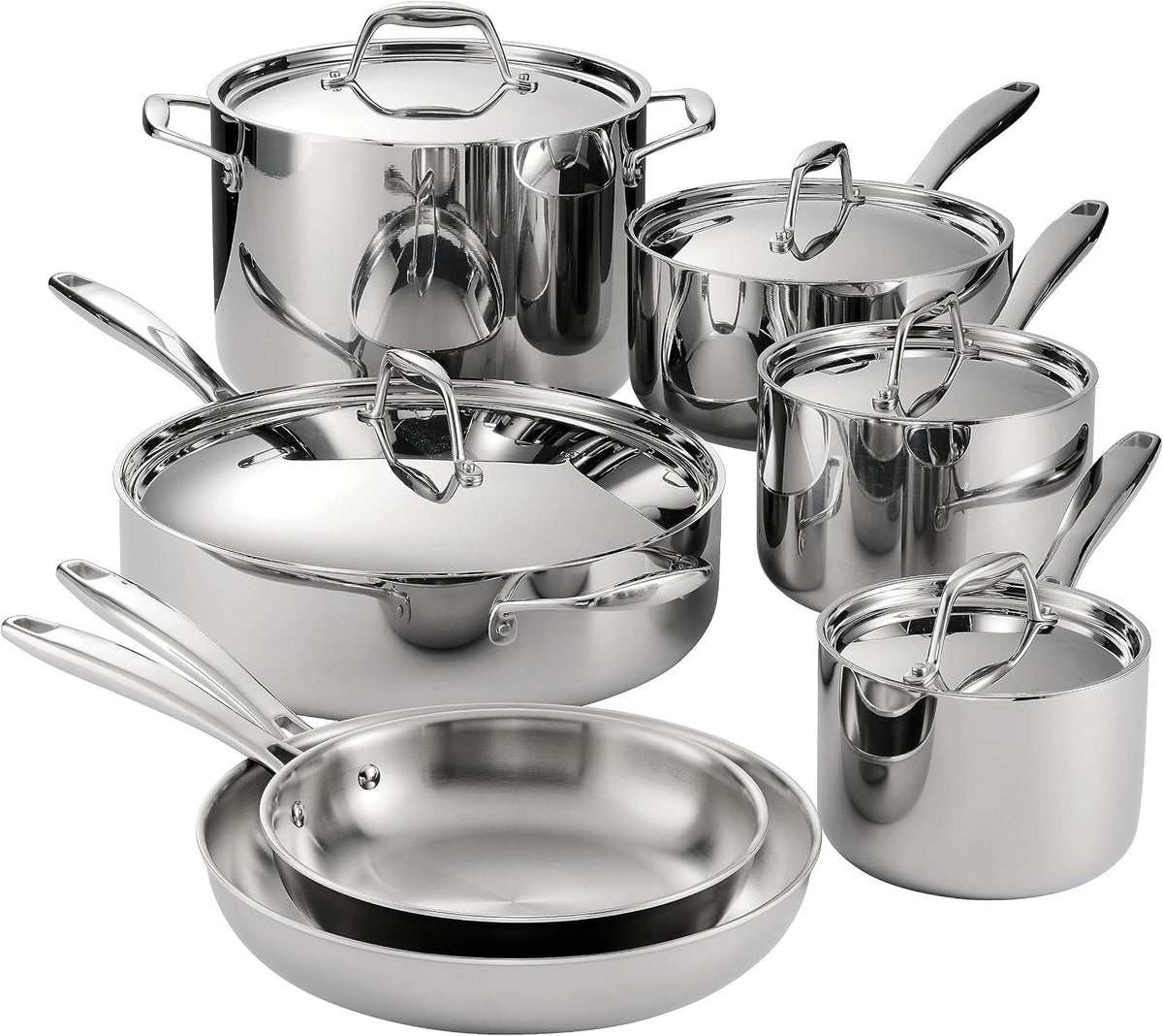 Tramontina 12-piece tri-ply clad stainless steel cookware set, full set view