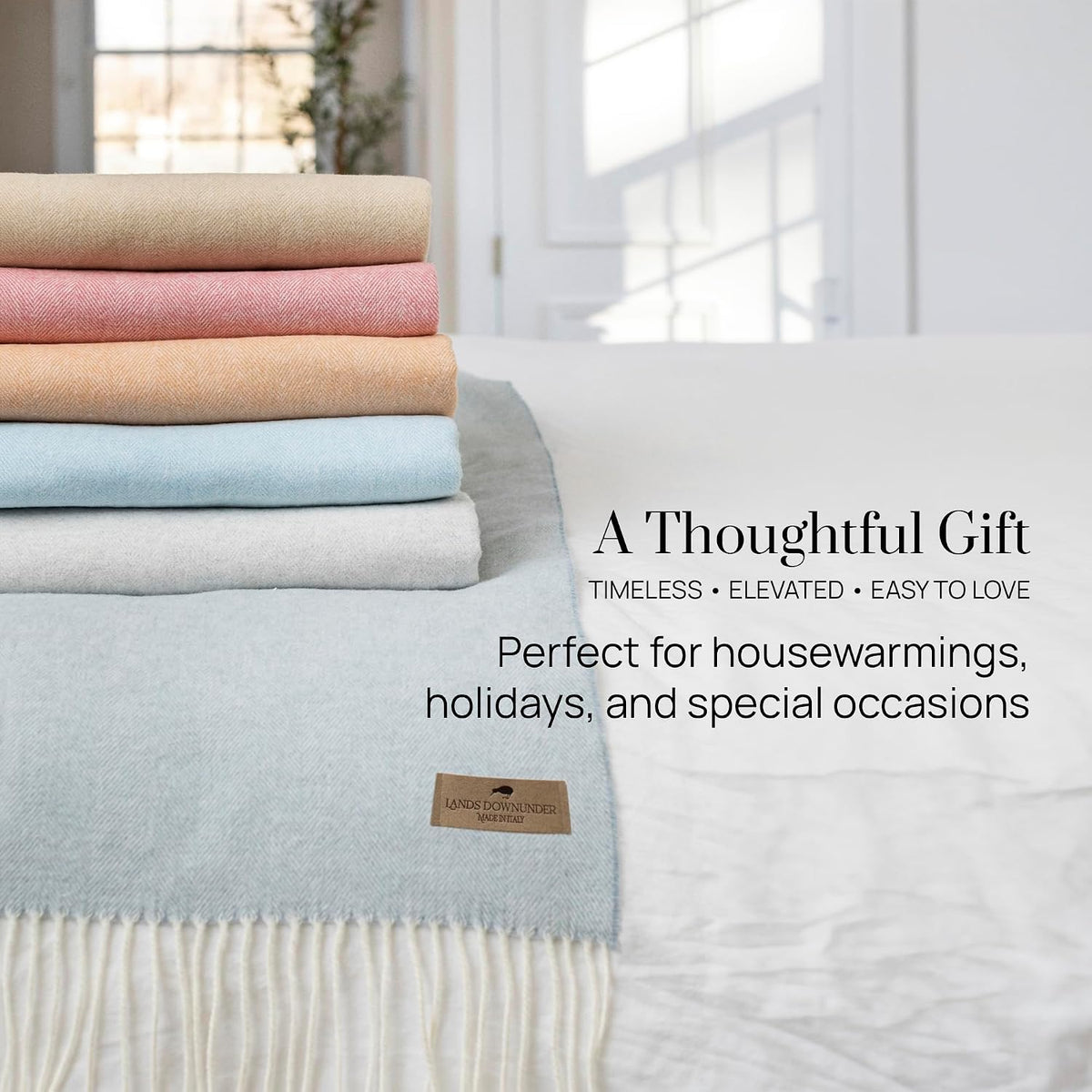 Color range card showing the herringbone throw available in additional colorways