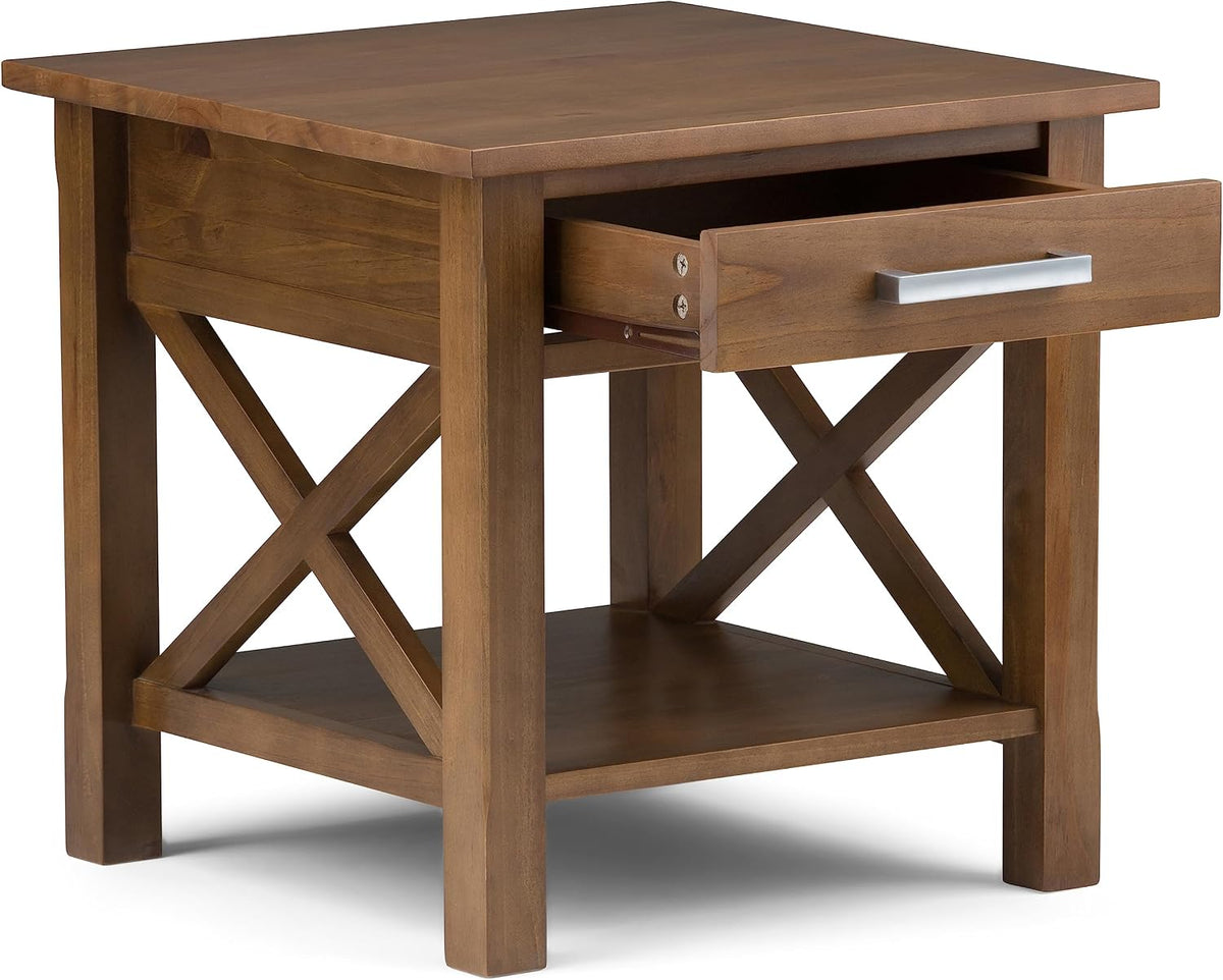 X-design solid wood end table with drawer open
