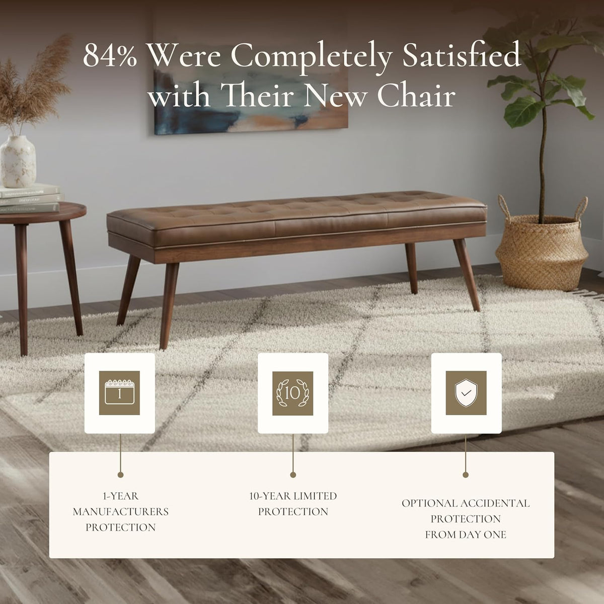 Poly & Bark tufted leather bed bench in a styled living room entryway setting