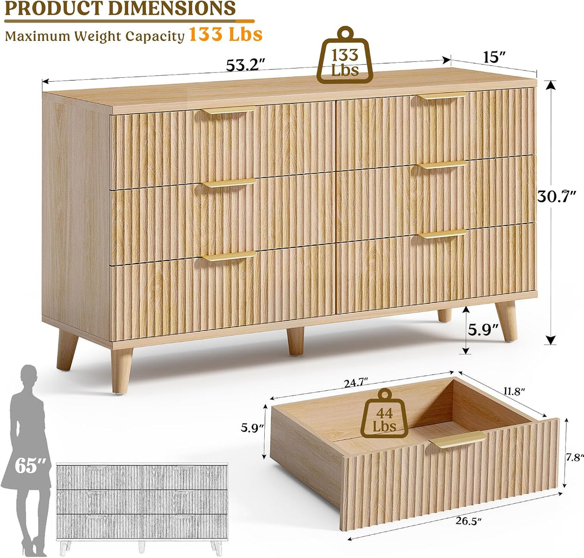 Close-up of fluted drawer front and gold hardware on natural oak bedroom set